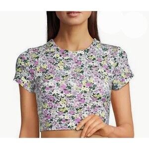 Lands' End Cap Sleeve Midkini Swim TopFloral Short Cropped Rash Guard 8DD